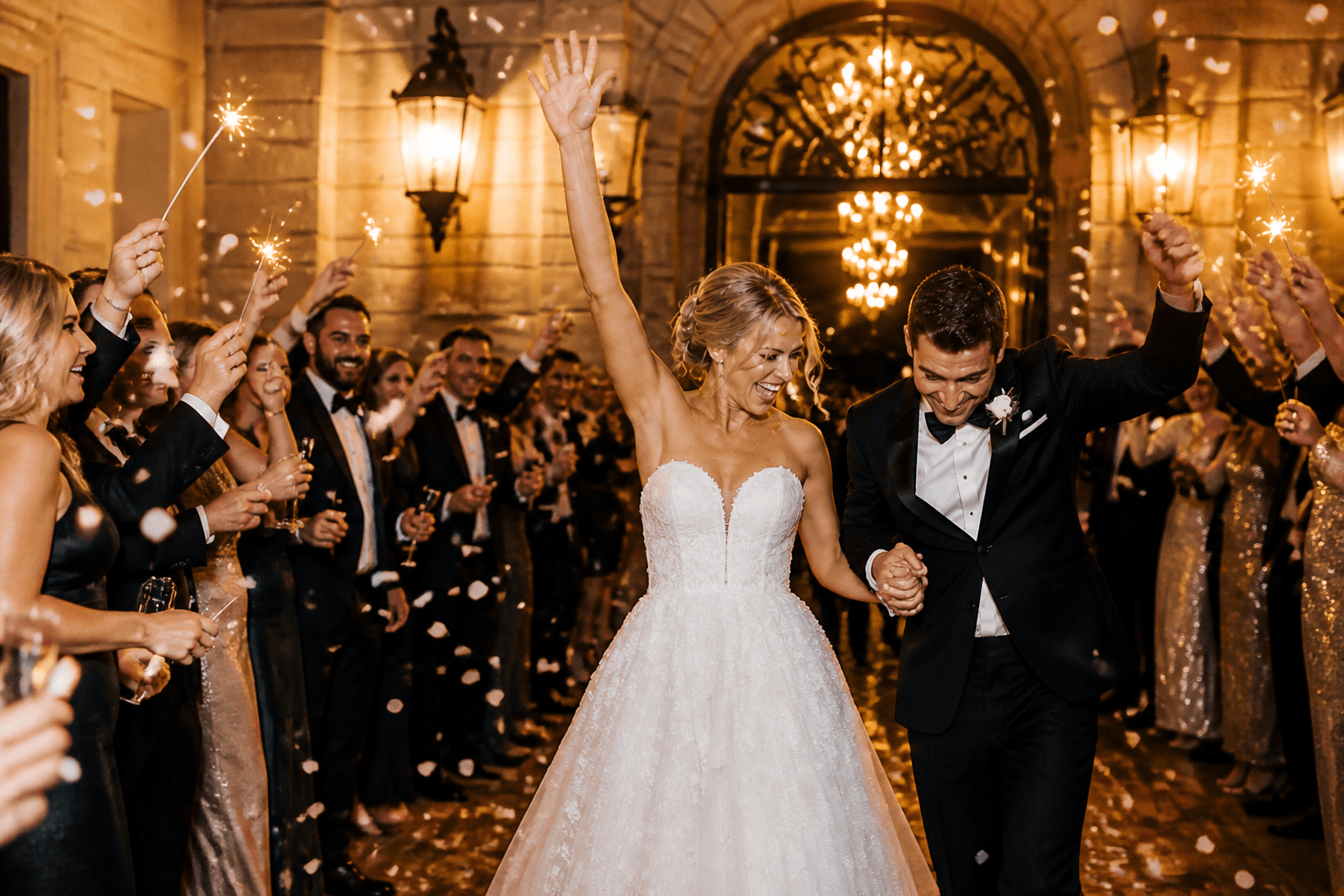 The newlyweds making their wedding reception entrance, used in a sample meme.